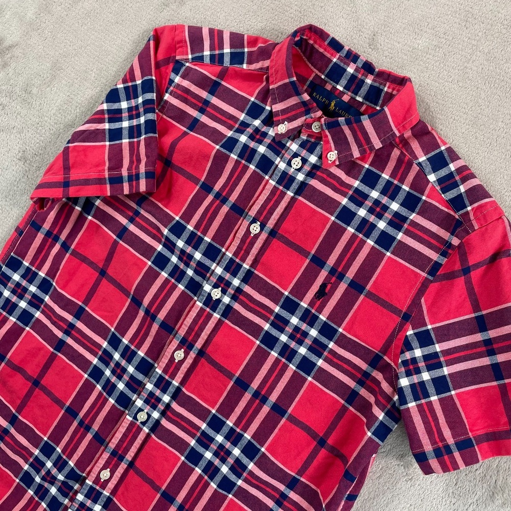Polo Ralph Lauren Oxford Shirt Boys Large (14-16) Red Blue Plaid Pony Preppy